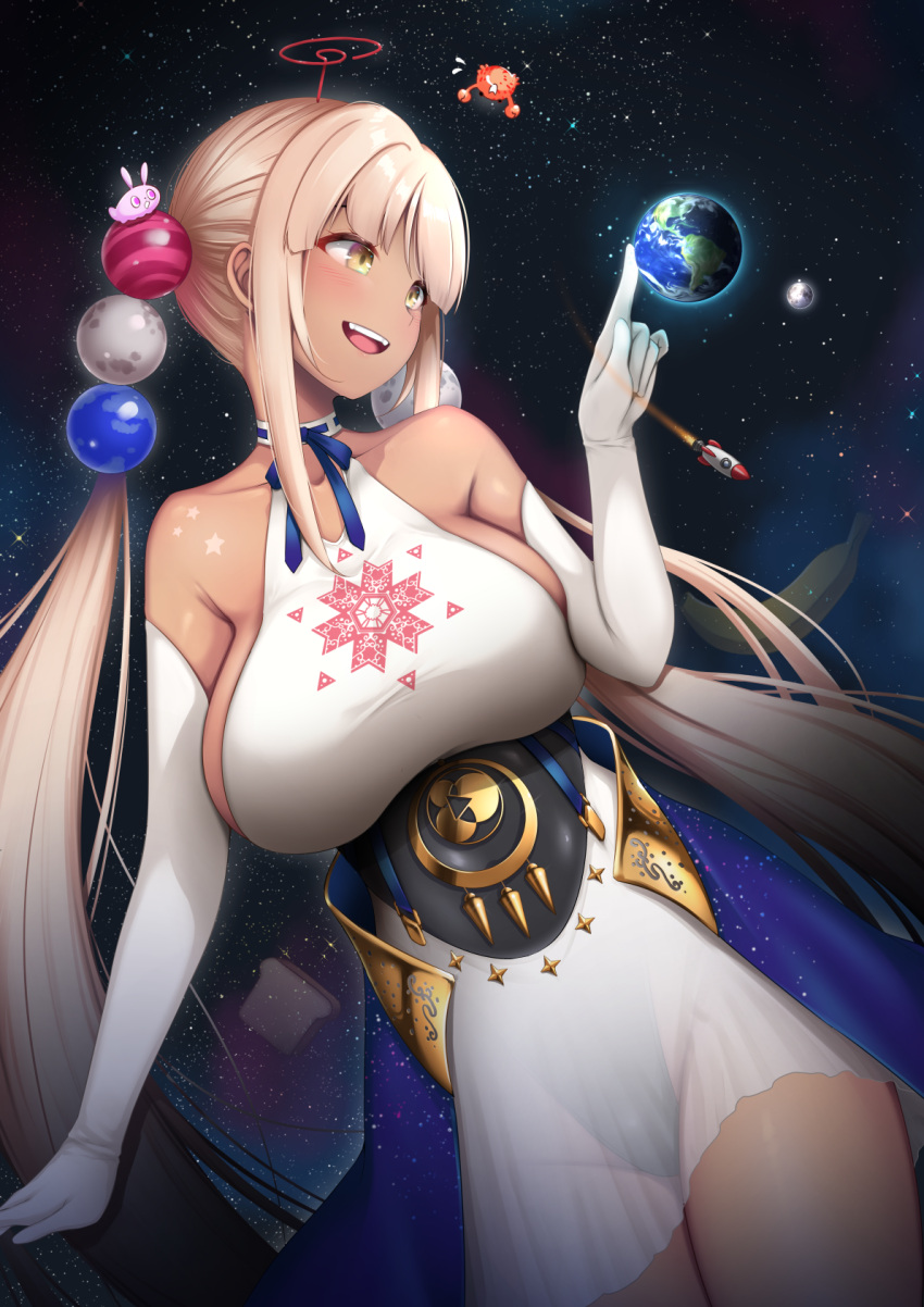 1girl :d breasts brown_eyes brown_hair commentary_request dark-skinned_female dark_skin dress earth_(planet) elbow_gloves flying_sweatdrops giant giantess gloves highres hololive hololive_english large_breasts long_hair looking_away looking_to_the_side low_twintails moon open_mouth planet rocket sleeveless sleeveless_dress smile solo space star_(sky) tsukumo_sana twintails upper_teeth very_long_hair virtual_youtuber white_dress white_gloves yaosera