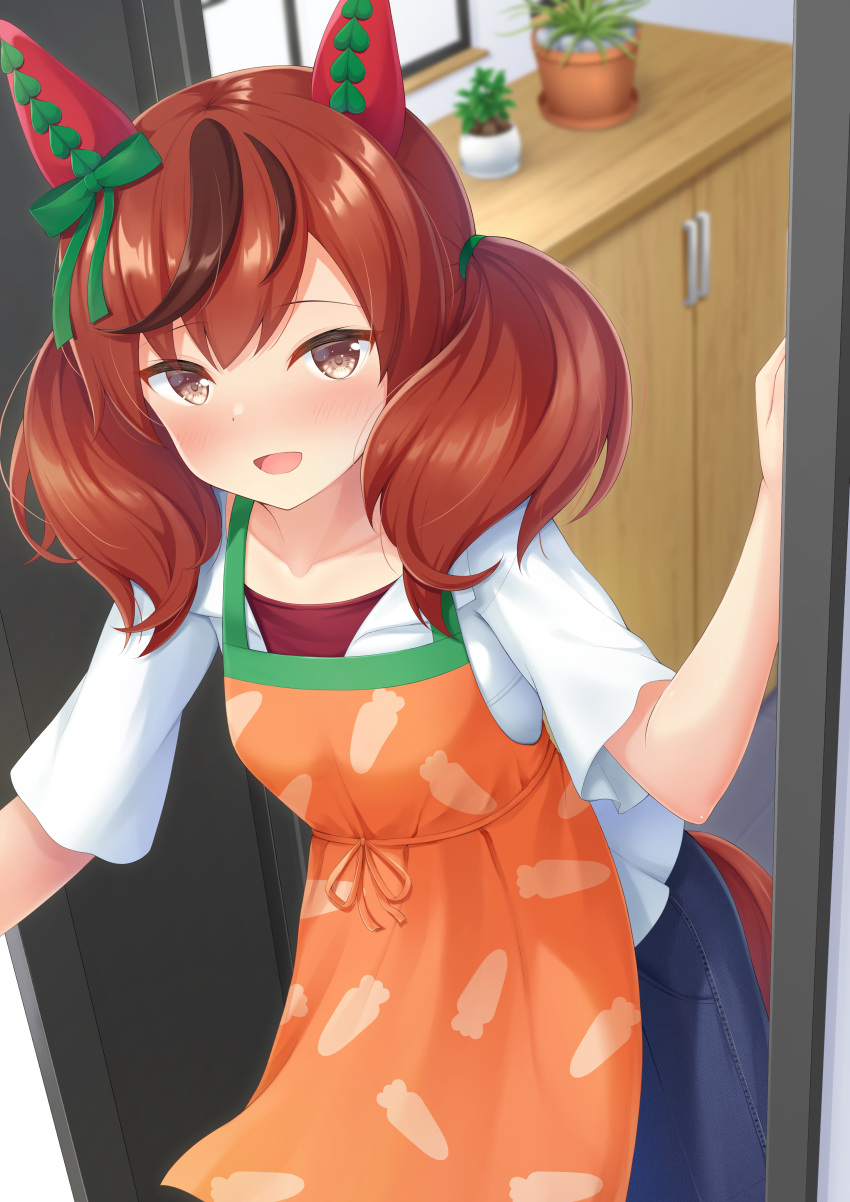 1girl 7fuji_06 absurdres alternate_costume animal_ears apron blurry blurry_background brown_eyes casual collarbone commentary_request highres horse_ears horse_girl horse_tail medium_hair nice_nature_(umamusume) open_mouth opening_door redhead solo tail twintails umamusume