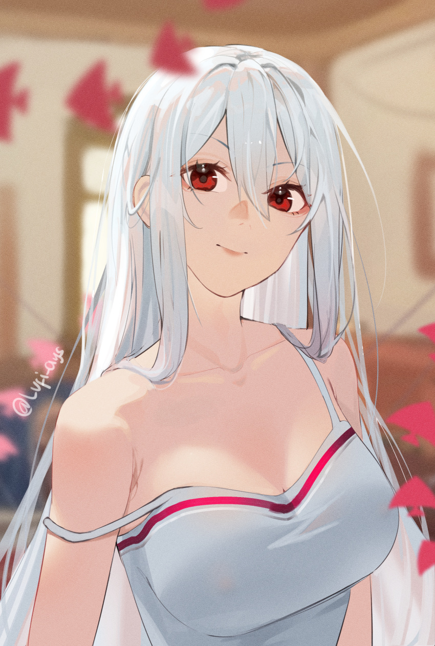 1girl absurdres arknights ascot bare_shoulders blurry blurry_background breasts closed_mouth collarbone commentary hair_between_eyes hat highres huge_filesize long_hair lufi_ays medium_breasts red_eyes silver_hair skadi_(arknights) solo strap_slip tank_top twitter_username upper_body white_tank_top