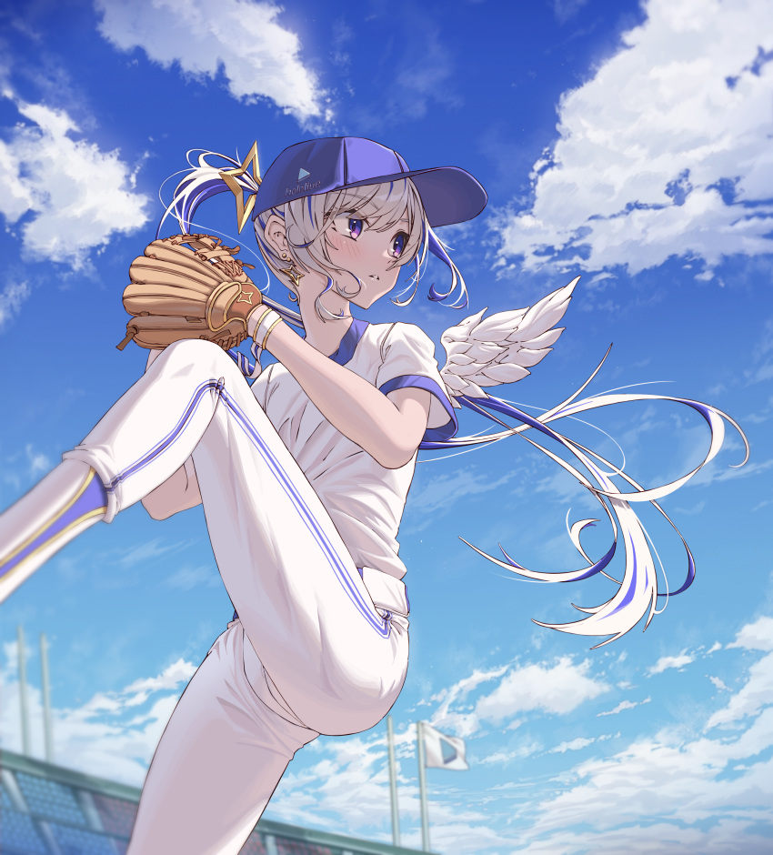 1girl absurdres amane_kanata baseball_cap baseball_mitt baseball_uniform blue_sky blush clouds copyright_name day earrings feathered_wings feet_out_of_frame hat highres hololive hyunwoo jewelry leg_up long_hair multicolored_hair outdoors pants parted_lips ponytail purple_hair purple_headwear shirt short_sleeves silver_hair sky solo sportswear standing standing_on_one_leg two-tone_hair very_long_hair violet_eyes virtual_youtuber white_pants white_shirt white_wings wings