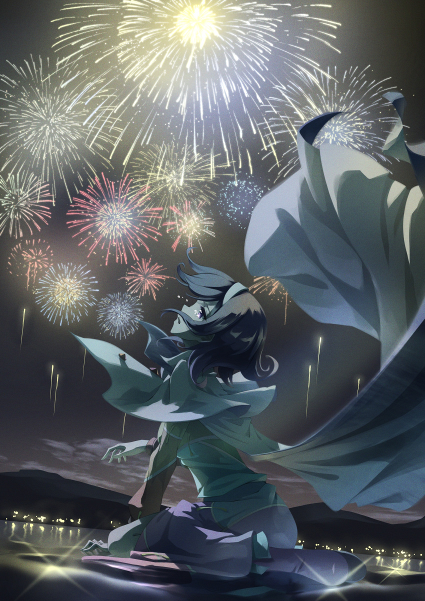 1girl absurdres cape crying crying_with_eyes_open fireworks floating_cape highres looking_up mountainous_horizon multicolored multicolored_clothes night night_sky on_floor open_mouth otomeza_ryuseigun short_hair sitting sky solo tagme tears tenkyuu_chimata touhou