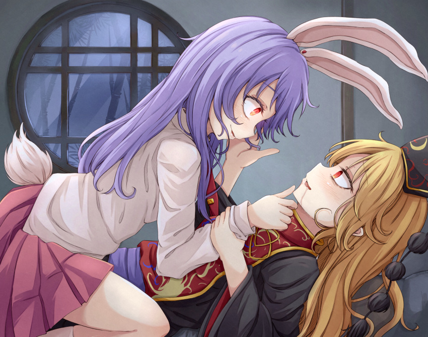 2girls :d @_@ animal_ears arm_grab black_dress blush collared_shirt commentary_request crescent crescent_print dress drooling from_side girl_on_top glowing glowing_eyes hand_on_another's_cheek hand_on_another's_chin hand_on_another's_face highres hypnosis indoors junko_(touhou) kneeling long_hair long_sleeves looking_at_another mind_control multiple_girls neko_mata open_mouth orange_eyes orange_hair parted_lips phoenix_crown pink_skirt pleated_skirt pom_pom_(clothes) purple_hair rabbit_ears rabbit_girl rabbit_tail red_eyes reisen_udongein_inaba role_reversal shirt skirt slit_pupils smile straddling tabard tail touhou very_long_hair white_legwear white_shirt wide_sleeves yuri