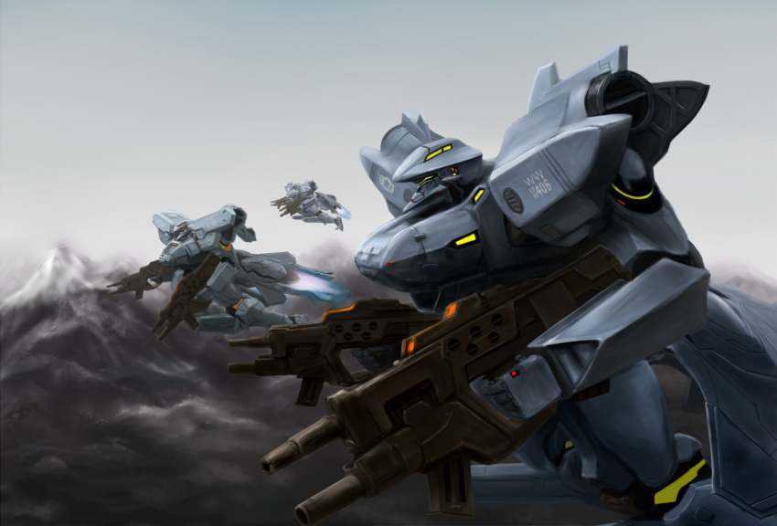 dual_wielding f-15e_strike_eagle f-16_fighting_falcon_(muvluv) flying from_side gun holding holding_gun holding_weapon looking_ahead mountain muvluv muvluv_alternative no_humans science_fiction sidehiwinder tactical_surface_fighter thrusters weapon