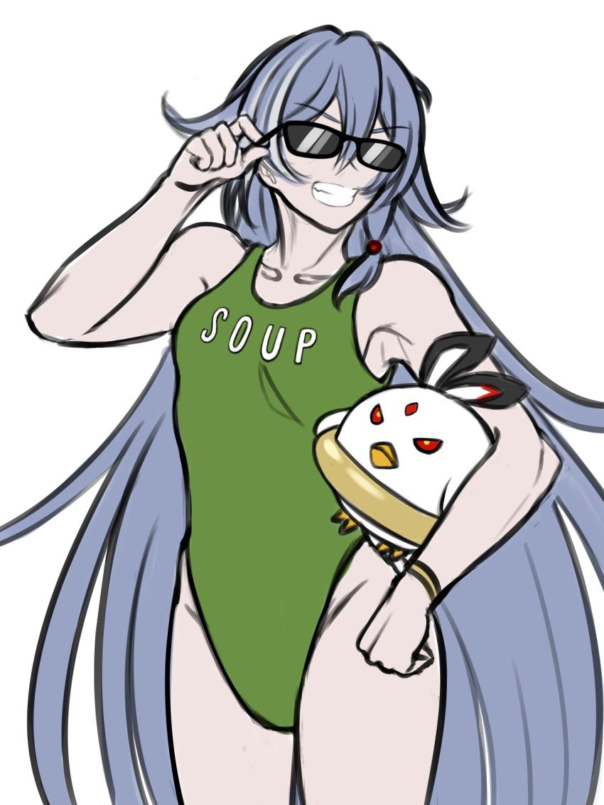 1girl animal armpits bangs bird bracelet chicken flyingfudgenuggets fu_hua fu_hua_(herrscher_of_sentience) green_swimsuit grey_hair grin hair_between_eyes highres holding holding_animal holding_eyewear honkai_(series) honkai_impact_3rd innertube jewelry long_hair one-piece_swimsuit open_mouth simple_background smile solo sunglasses swimsuit teeth v-shaped_eyebrows white_background