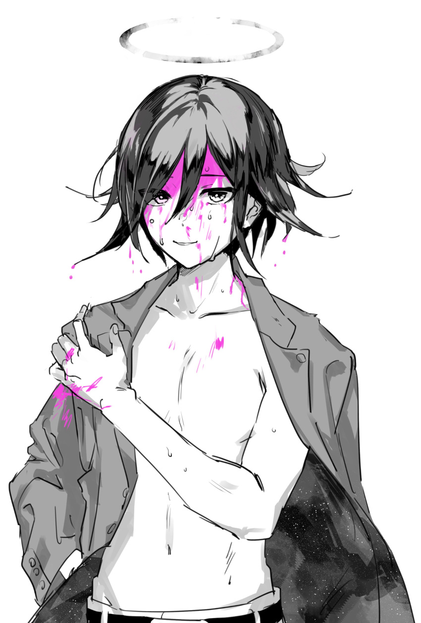 1boy absurdres bangs belt black_hair blood blood_on_face blood_on_hands collarbone commentary_request danganronpa_(series) danganronpa_v3:_killing_harmony flipped_hair hair_between_eyes halo hand_in_pocket hand_up highres jacket jacket_on_shoulders looking_at_viewer male_focus navel ouma_kokichi pants parted_lips pink_blood sanmian_(chidarakeno) short_hair simple_background solo white_background