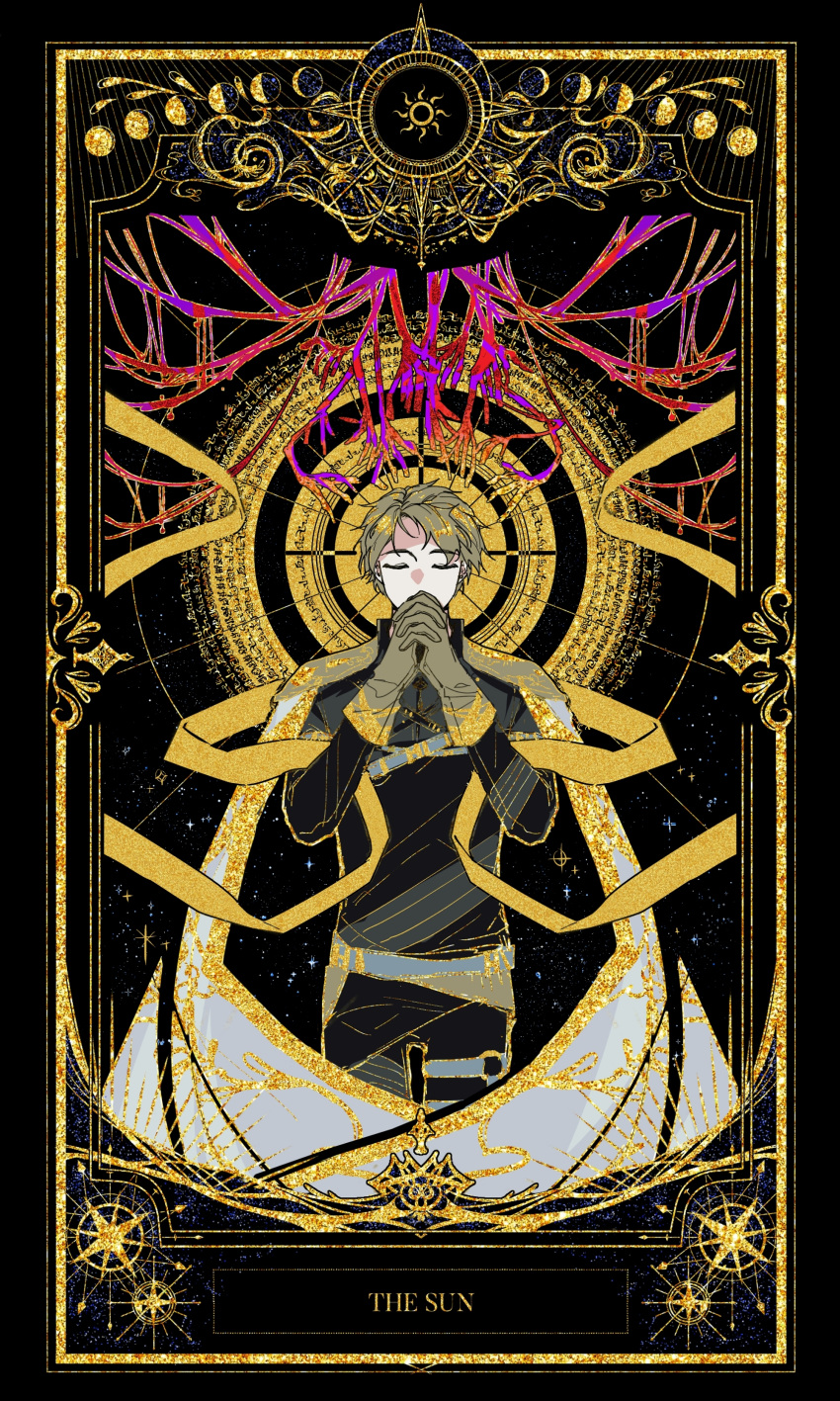 1boy absurdres black_pants bleeding blonde_hair blood cape chinese_commentary closed_eyes commentary_request covered_mouth derrick_berg extra_hands gloves gold_cape halo highres lord_of_the_mysteries moon moon_phases pants praying short_hair solo star_(sky) star_(symbol) sun_print sun_symbol symbol symbolism tarot tarot_arcana the_sun_(tarot) yubing156