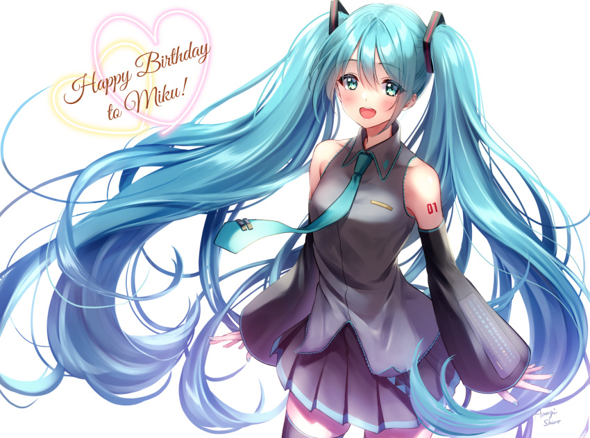 1girl :d amagi_shino bangs black_legwear black_skirt black_sleeves blue_hair blue_neckwear breasts character_name collared_shirt commentary detached_sleeves dress_shirt eyebrows_visible_through_hair green_eyes grey_shirt hair_between_eyes happy_birthday hatsune_miku heart highres long_hair long_sleeves looking_at_viewer necktie open_mouth pleated_skirt shirt simple_background skirt sleeveless sleeveless_shirt sleeves_past_wrists small_breasts smile solo thigh-highs tie_clip twintails upper_teeth very_long_hair vocaloid white_background wide_sleeves