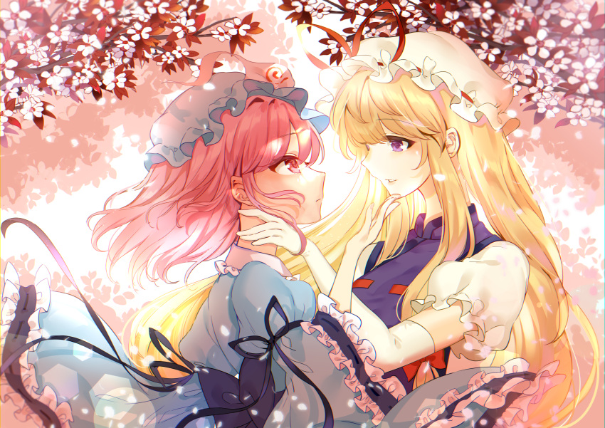 2girls absurdres arm_garter bangs blonde_hair blue_kimono branch elbow_gloves eyebrows_visible_through_hair flower gloves hair_between_eyes hand_in_another's_hair hat highres japanese_clothes kanta_(pixiv9296614) kimono lips long_hair long_sleeves looking_at_another mob_cap multiple_girls pink_eyes pink_hair puffy_short_sleeves puffy_sleeves saigyouji_yuyuko short_hair short_sleeves tabard touhou triangular_headpiece violet_eyes white_gloves wide_sleeves yakumo_yukari yuri