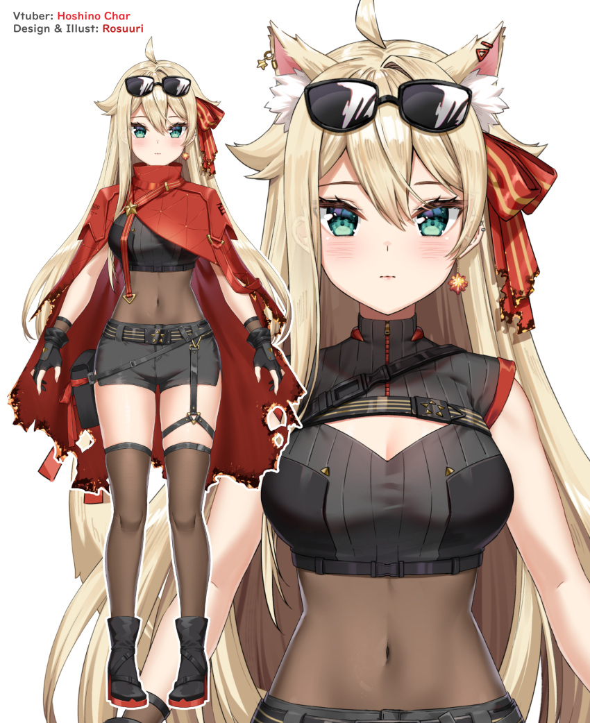1girl animal_ear_fluff animal_ears artist_name bands black_footwear black_gloves black_shorts blonde_hair blush bodystocking boots breasts cat_ears character_name cleavage_cutout cloak clothing_cutout covered_navel earrings eyewear_on_head gloves highres hoshino_char jewelry kemonomimi_mode medium_breasts official_art partially_fingerless_gloves red_cloak rosuuri short_shorts shorts sunglasses thigh-highs thigh_strap tsunderia virtual_youtuber