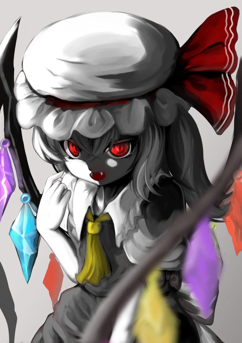 1girl absurdres ascot bangs blurry bow cowboy_shot crossed_bangs crystal depth_of_field fangs flandre_scarlet frilled_shirt_collar frills gradient gradient_background grey_background hair_between_eyes hand_up hat hat_bow highres looking_at_viewer mob_cap monochrome one_side_up open_mouth red_bow red_eyes shirokuro_(monochrome0226) short_hair simple_background slit_pupils solo spot_color touhou white_headwear wings yellow_neckwear