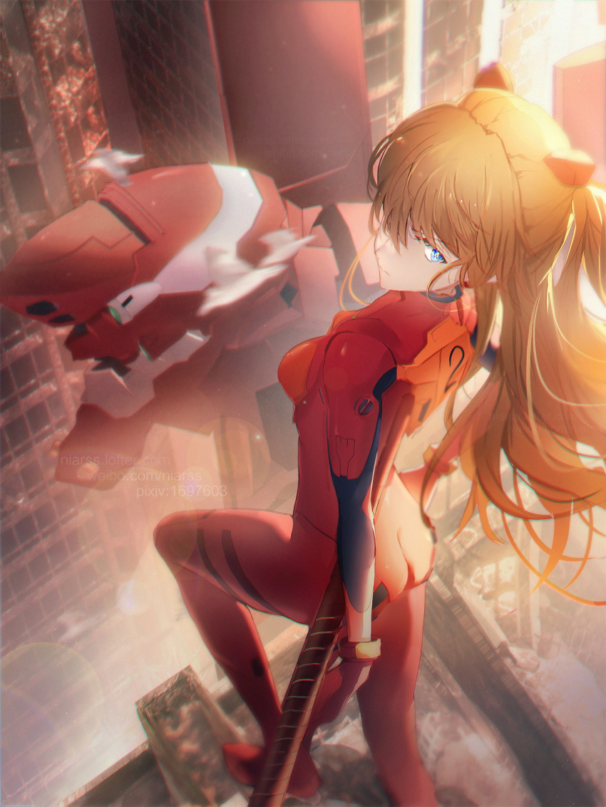 1girl ass bangs blue_eyes bodysuit city eva_02 from_above from_behind hair_over_one_eye hairpods highres interface_headset lance_of_longinus lens_flare mecha neon_genesis_evangelion niarss orange_bodysuit orange_hair plugsuit rebuild_of_evangelion red_bodysuit souryuu_asuka_langley two_side_up