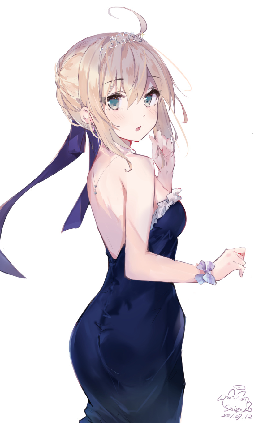 1girl absurdres ahoge artoria_pendragon_(fate) ass back backless_dress backless_outfit bangs bare_shoulders black_dress blonde_hair blue_ribbon blush braid dated dress eyebrows_visible_through_hair fate/grand_order fate_(series) frilled_dress frills from_behind gown grey_eyes hair_between_eyes hair_bun hair_ribbon highres jewelry looking_at_viewer looking_back necklace ribbon saber sai_(saipoko) short_hair simple_background solo strapless strapless_dress tiara white_background wrist_bow