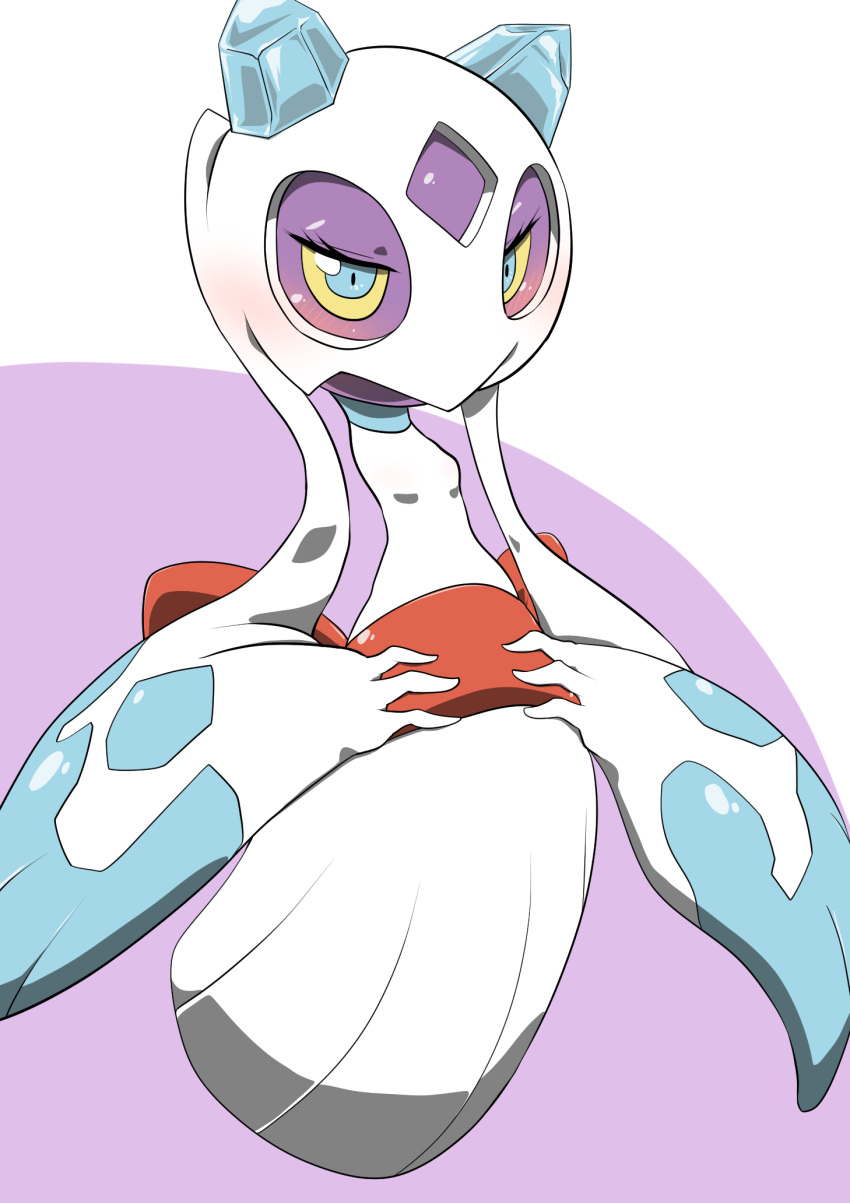 blue_eyes blush colored_sclera colored_skin commentary_request eyelashes froslass highres kazamidoririnn no_humans pokemon pokemon_(creature) purple_skin solo yellow_sclera