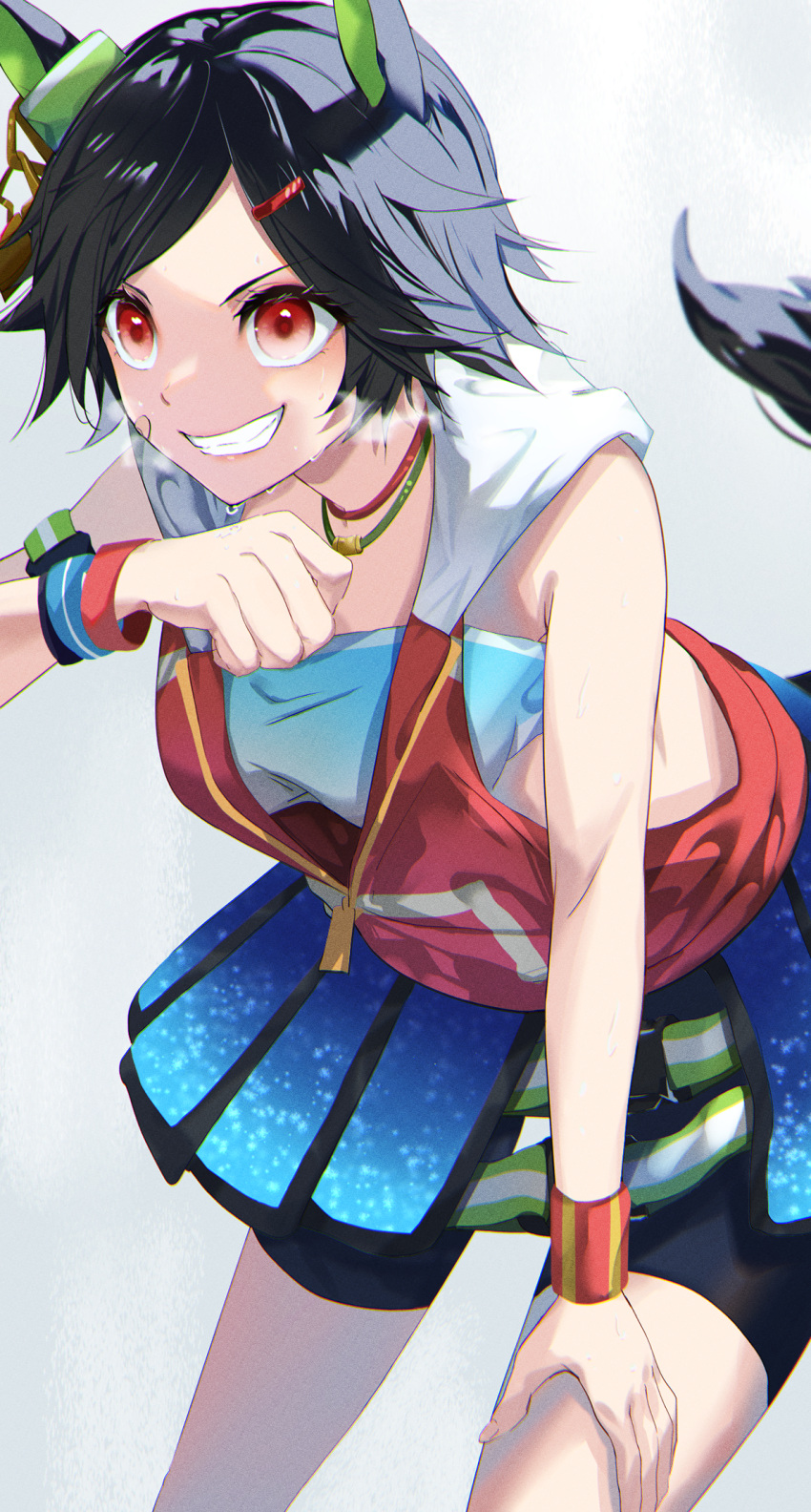 1girl animal_ears arm_up black_hair bow bracer breasts herigaru_(fvgyvr000) highres hood hoodie horse_ears horse_girl horse_tail jewelry long_hair necklace orange_eyes shorts simple_background skirt smile solo tail teeth umamusume vest white_background winning_ticket_(umamusume)