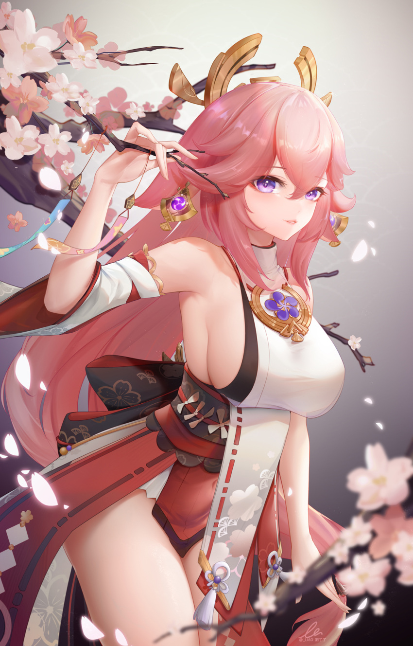 1girl arm_up bangs bare_shoulders blurry blurry_foreground branch breasts commentary cowboy_shot depth_of_field detached_sleeves eyebrows_visible_through_hair flower genshin_impact hair_between_eyes highres japanese_clothes large_breasts liu_liaoliao long_hair looking_at_viewer parted_lips pink_flower pink_hair sideboob signature smile solo standing symbol-only_commentary tassel twitter_username very_long_hair violet_eyes vision_(genshin_impact) wide_sleeves yae_(genshin_impact)