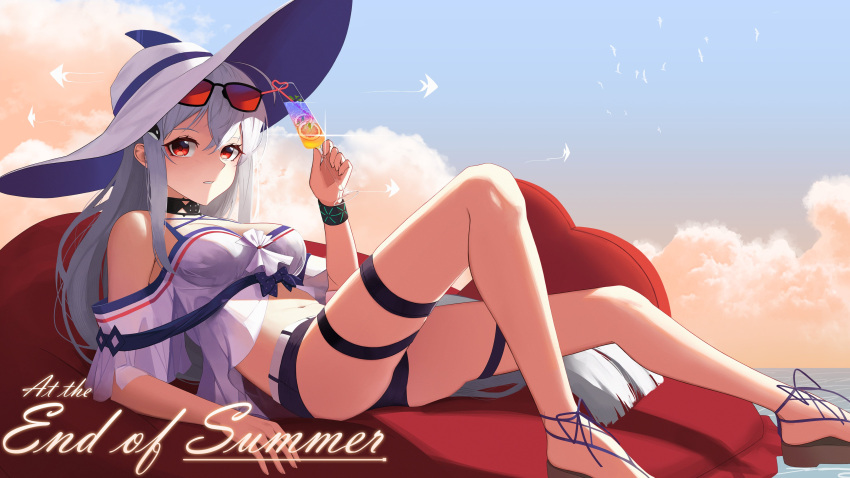 1girl absurdres arknights bangs bare_legs bare_shoulders beach blue_shorts clouds cup drinking_glass dw english_commentary eyebrows_visible_through_hair hand_up hat highres holding holding_cup infection_monitor_(arknights) knee_up legs long_hair looking_at_viewer low-tied_long_hair lying navel off-shoulder_shirt off_shoulder official_alternate_costume on_back outdoors parted_lips sandals shirt short_sleeves shorts silver_hair skadi_(arknights) skadi_(waverider)_(arknights) sky solo sunglasses thigh_strap tinted_eyewear very_long_hair white_headwear white_shirt