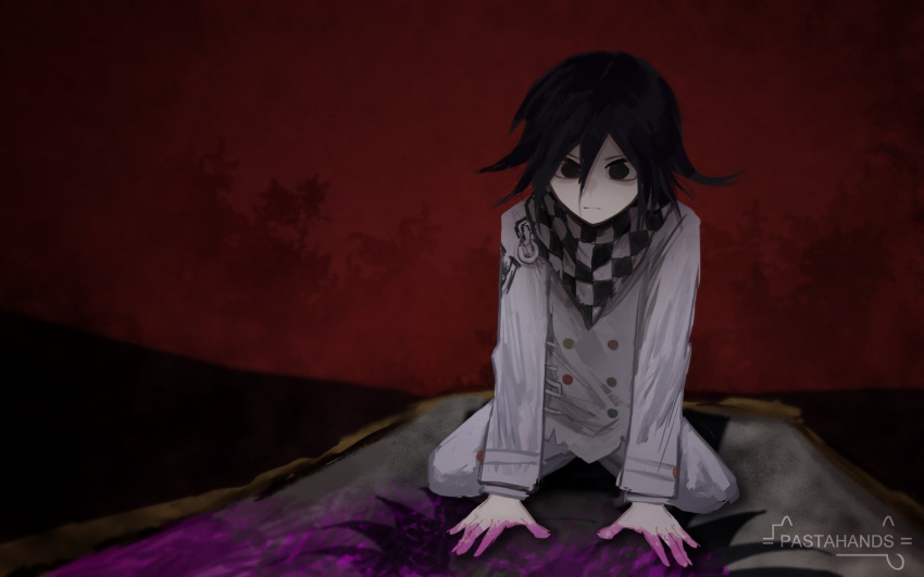 1boy artist_name bangs black_eyes black_hair black_scarf blood blood_on_hands buttons character_print checkered checkered_neckwear checkered_scarf commentary danganronpa_(series) danganronpa_v3:_killing_harmony double-breasted english_commentary grey_jacket grey_pants grey_scarf hair_between_eyes highres jacket long_sleeves looking_at_viewer male_focus ouma_kokichi pants pastahands pink_blood red_background scarf sitting solo straitjacket wariza