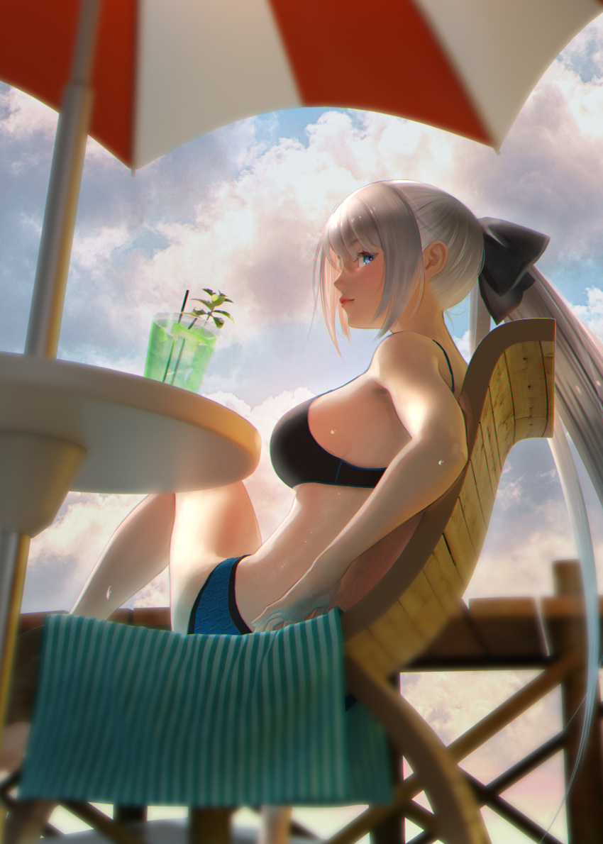 1girl absurdres bare_arms bare_shoulders beach_umbrella bikini black_bikini black_bow blue_bikini blue_eyes bow breasts closed_mouth clouds cloudy_sky cup day drink drinking_glass fate/grand_order fate_(series) from_side hair_bow highres huge_filesize large_breasts lips long_hair looking_at_viewer looking_to_the_side mismatched_bikini morgan_le_fay_(fate) nanaken_nana outdoors ponytail profile sideboob sideways_glance silver_hair sitting sky smile solo sunlight swimsuit table umbrella very_long_hair wooden_chair