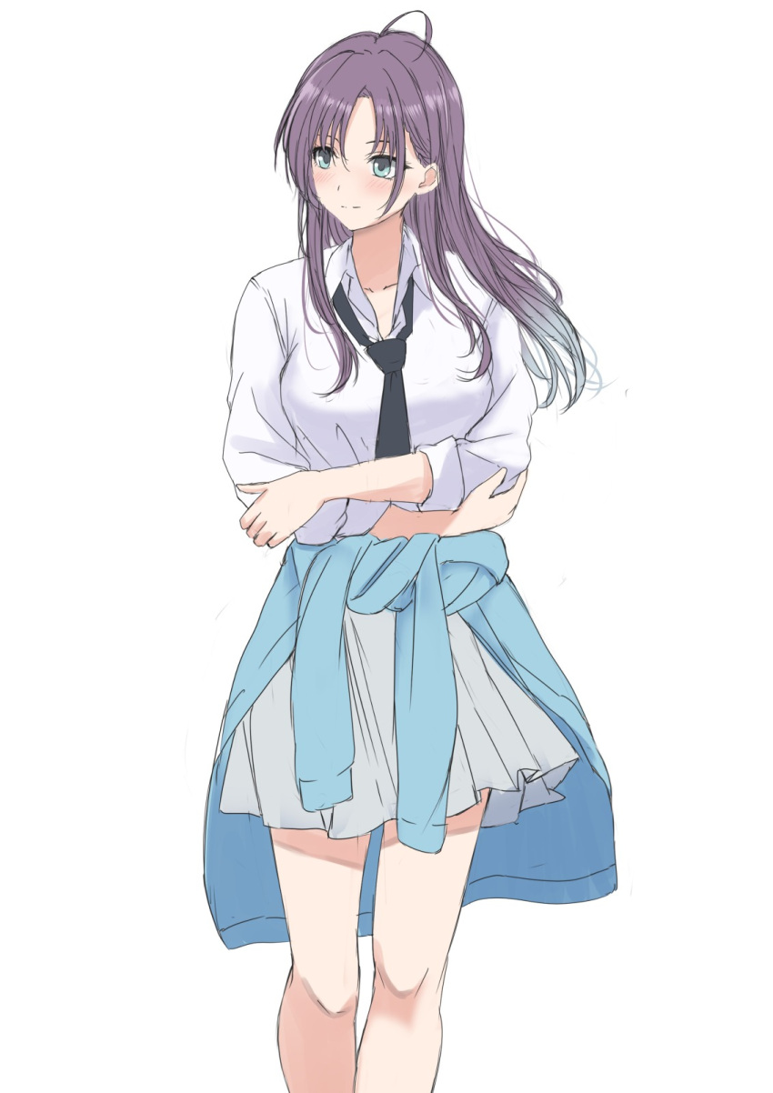 1girl ahoge alternate_hair_length alternate_hairstyle asakura_toru black_necktie blue_cardigan blue_hair blush cardigan cardigan_around_waist closed_mouth clothes_around_waist collarbone collared_shirt feet_out_of_frame gradient_hair green_eyes grey_skirt highres holding_own_arm idolmaster idolmaster_shiny_colors light_blue_hair long_hair long_sleeves looking_to_the_side multicolored_hair nakonako necktie pleated_skirt school_uniform shirt sidelocks simple_background skirt sleeves_rolled_up solo standing white_background white_shirt