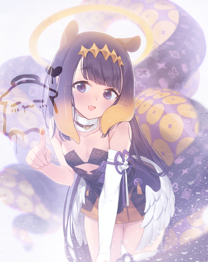 1girl :d animal_ears bangs bare_shoulders black_dress blonde_hair blunt_bangs blush collarbone cowboy_shot detached_sleeves dress eyebrows_visible_through_hair fang feathered_wings flat_chest fur_collar gradient_hair hairband halo heart highres hololive hololive_english leaning_forward long_sleeves looking_at_viewer low_wings mole mole_under_eye multicolored_hair ninomae_ina'nis open_mouth purple_hair short_dress simple_background single_detached_sleeve single_thighhigh smile solo tako_(ninomae_ina'nis) takotsu tentacle_hair tentacles thigh-highs thigh_gap virtual_youtuber white_background white_legwear white_wings window_writing wings yellow_hairband