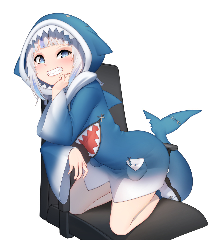 animal_hood bangs blue_eyes blue_hair blue_hoodie blunt_bangs fish_tail gawr_gura grin hair_ornament highres hololive hololive_english hood hoodie long_sleeves medium_hair mochi_(chain_csn) multicolored_hair polearm shark_girl shark_hair_ornament shark_hood shark_tail sharp_teeth shoes silver_hair sleeves_past_wrists smile sneakers streaked_hair tail teeth trident two_side_up virtual_youtuber weapon white_footwear wide_sleeves