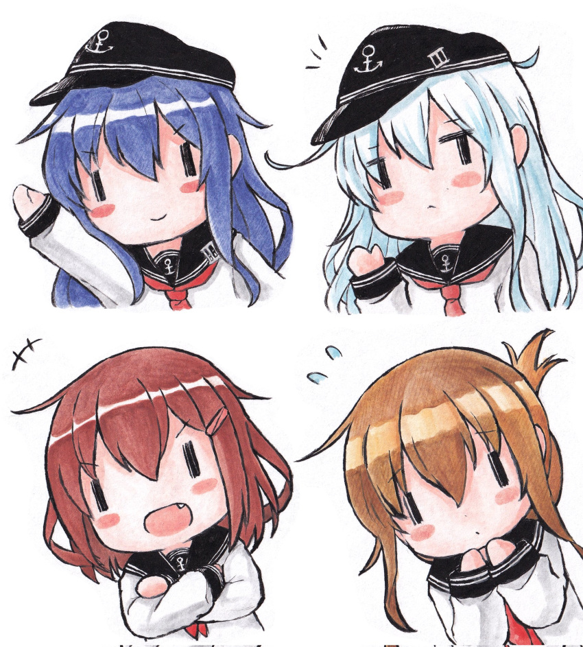 4girls akatsuki_(kancolle) anchor_symbol arm_up bangs black_headwear blue_hair blush_stickers brown_hair chibi eyebrows_visible_through_hair fang flat_cap flying_sweatdrops folded_ponytail hat hibiki_(kancolle) highres ikazuchi_(kancolle) inazuma_(kancolle) kantai_collection long_hair long_sleeves multiple_girls neckerchief open_mouth poipoi_purin ponytail red_neckwear sailor_collar school_uniform serafuku silver_hair simple_background white_background