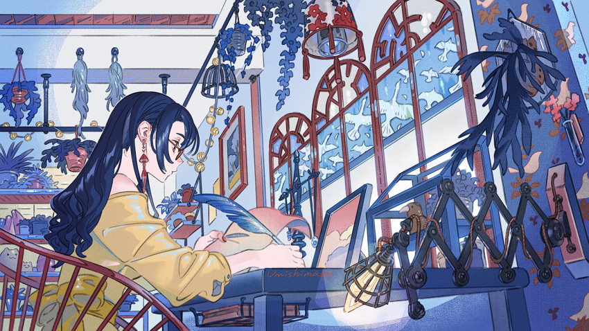 1girl bare_shoulders black_hair chair earrings glasses glowing holding_quill indoors jewelry leaf long_hair long_sleeves original plant potted_plant profile shirt signature sitting solo table umishima_senbon writing yellow_shirt