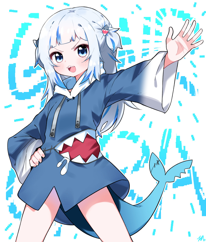 1girl absurdres background_text blue_eyes blue_hair blue_hoodie blush character_name commentary_request drawstring fish_tail gawr_gura hair_ornament hand_on_hip highres hololive hololive_english hood hood_down hoodie looking_at_viewer multicolored_hair open_mouth outstretched_arm romaji_commentary shark_tail sharp_teeth silver_hair solo standing streaked_hair tail teeth tosyeo v-shaped_eyebrows virtual_youtuber white_background wide_sleeves