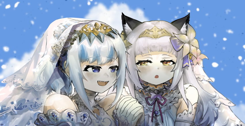 2girls :d absurdres animal_ear_fluff animal_ears bangs blue_eyes blue_hair blue_sky blunt_bangs blurry blurry_background brown_eyes cat_ears day elbow_gloves eyes_visible_through_hair flower gawr_gura gloves grey_hair hair_flower hair_ornament highres holding_hands hololive hololive_english interlocked_fingers long_hair looking_at_another multiple_girls murasaki_shion open_mouth outdoors sharp_teeth sidelocks sky smile teeth tiara upper_body veil virtual_youtuber vyragami wedding white_gloves