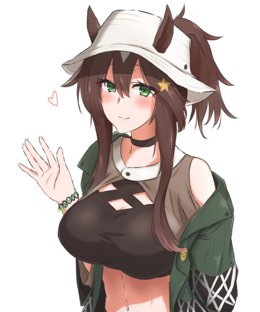 1girl absurdres animal_ears arknights black_choker breasts brown_hair choker crop_top dated ears_through_headwear green_eyes green_jacket hair_ornament heart highres jacket long_hair long_sleeves looking_at_viewer maiq06 medium_breasts meteor_(arknights) meteor_(bard's_holiday)_(arknights) midriff navel official_alternate_costume open_clothes open_jacket simple_background smile solo star_(symbol) star_hair_ornament stomach upper_body waving white_background white_headwear wristband