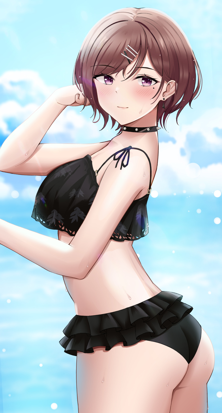 1girl absurdres arm_up ass bare_shoulders bikini black_bikini black_choker blue_sky blush breasts brown_hair choker closed_mouth clouds cowboy_shot day earrings from_behind hair_ornament hairclip highres higuchi_madoka idolmaster idolmaster_shiny_colors jewelry looking_at_viewer looking_back medium_breasts mole mole_under_eye outdoors short_hair sky smile solo spiked_choker spikes swimsuit tio_(005)