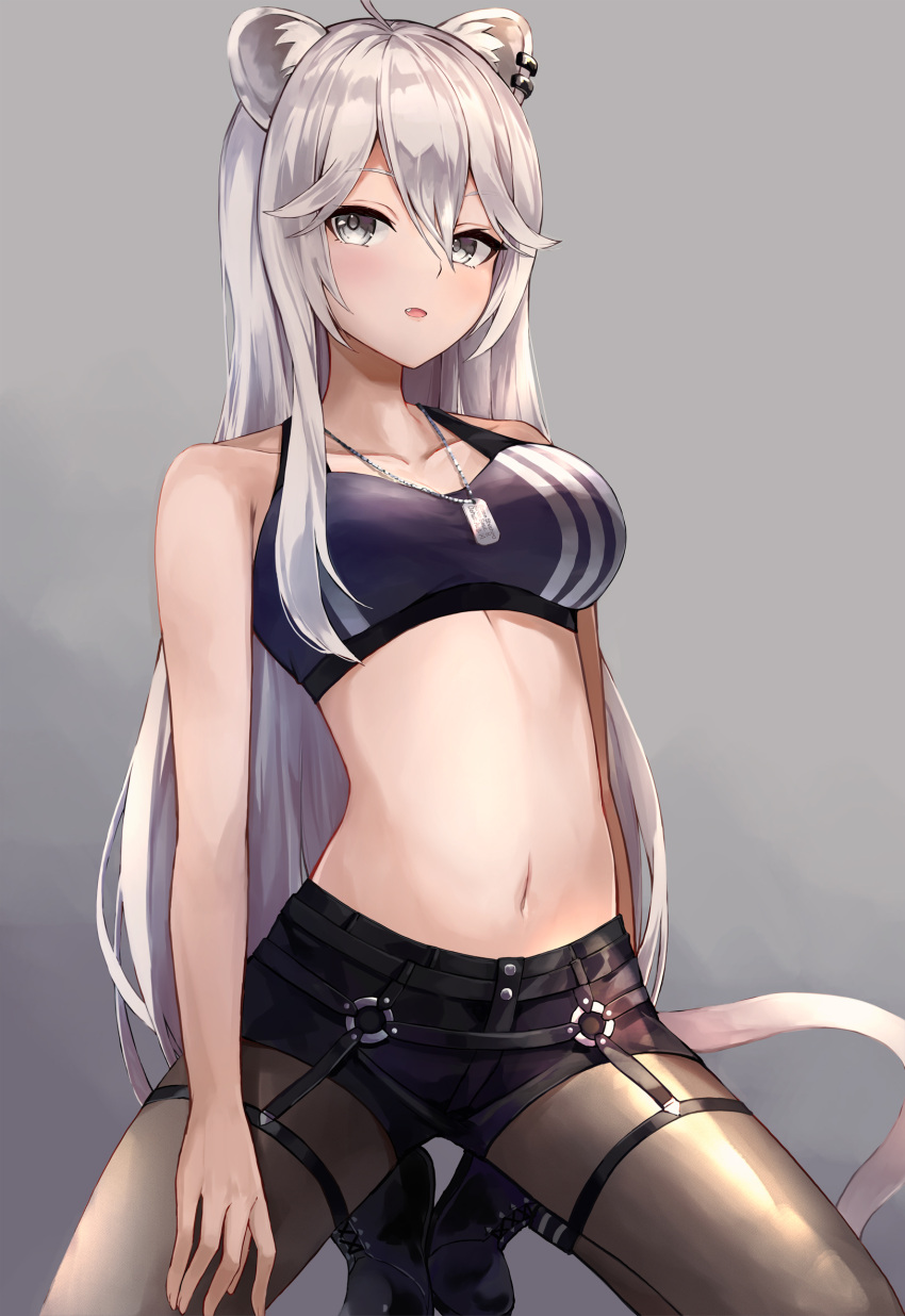 1girl animal_ear_fluff animal_ears bangs black_footwear black_shorts black_sports_bra breasts dog_tags earrings fang grey_background grey_eyes hair_between_eyes highres hololive jewelry kneeling konkito large_breasts lion_ears lion_girl lion_tail looking_at_viewer midriff navel official_alternate_costume open_mouth pantyhose shishiro_botan shoes short_shorts shorts silver_hair simple_background solo sports_bra tail thigh_strap