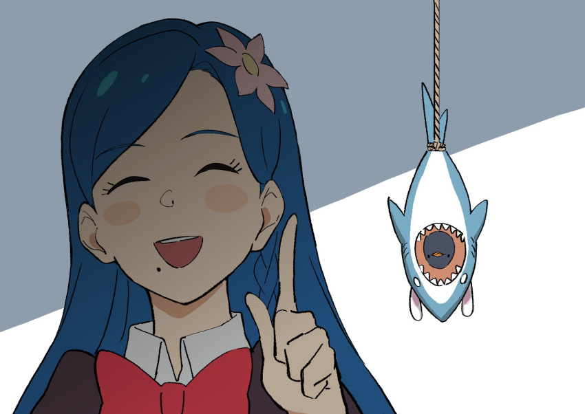 1girl :d blue_hair blush_stickers bow bowtie braid closed_eyes copyright_request facing_viewer flower hair_flower hair_ornament hand_up highres index_finger_raised long_hair mole mole_under_mouth open_mouth osame pink_flower red_bow red_neckwear shark smile solo