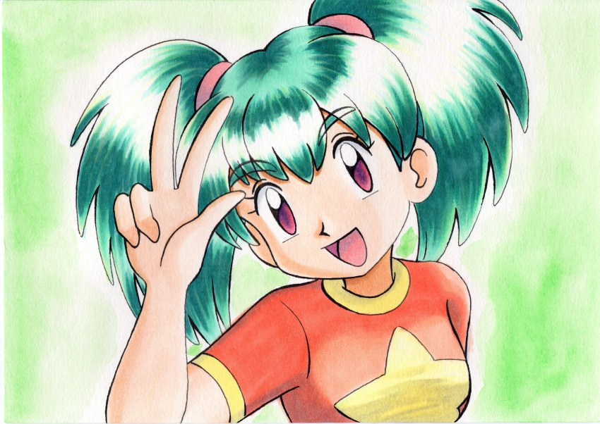 1girl :d bangs commentary_request duplica_(pokemon) eyebrows_visible_through_hair eyelashes green_background green_hair hand_up highres long_hair looking_at_viewer oka_mochi open_mouth orange_shirt pokemon pokemon_(anime) pokemon_(classic_anime) shirt short_sleeves smile solo tied_hair tongue traditional_media twintails upper_body violet_eyes w