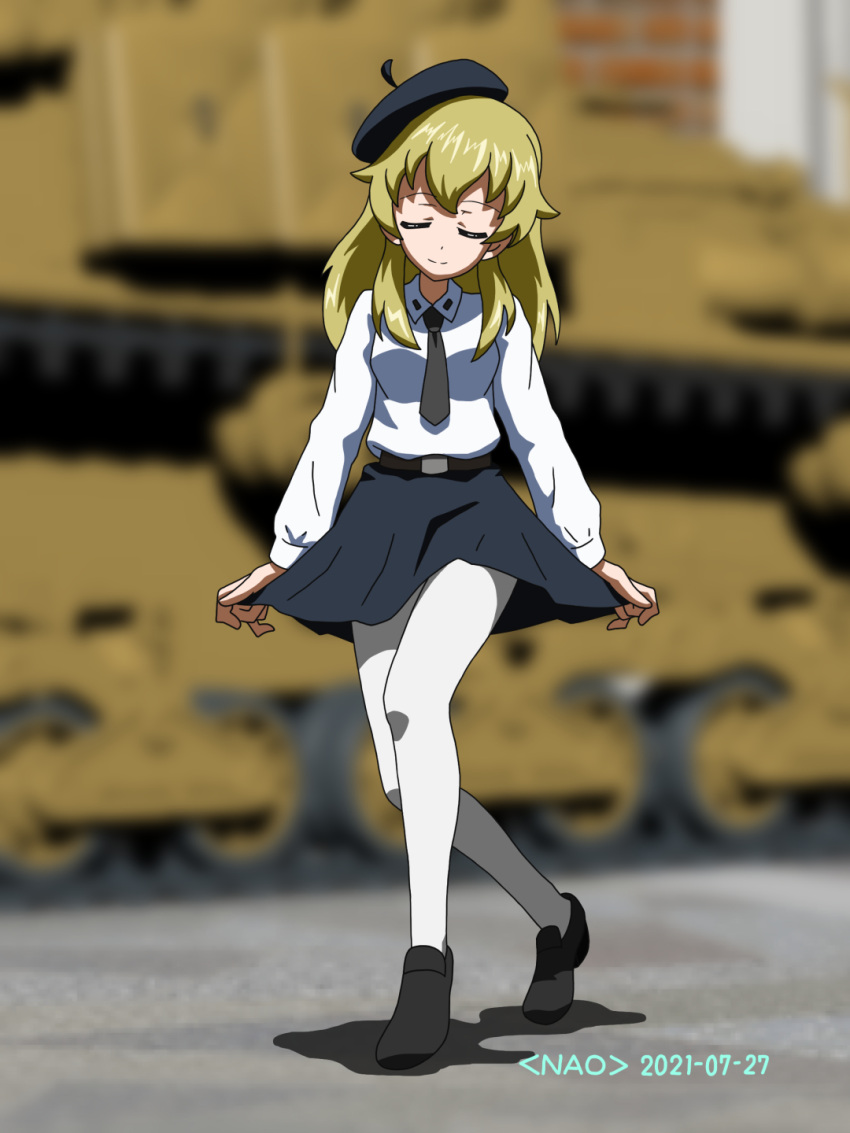 1girl 3d 3d_background anzio_school_uniform artist_name bangs belt beret black_belt black_footwear black_headwear black_neckwear black_skirt blonde_hair blurry blurry_background carpaccio_(girls_und_panzer) closed_eyes closed_mouth commentary curtsey dated depth_of_field dress_shirt facing_viewer girls_und_panzer hat highres loafers long_hair long_sleeves miniskirt mixed_media naotosi necktie pantyhose pleated_skirt school_uniform shadow shirt shoes skirt skirt_hold smile solo standing white_legwear white_shirt wing_collar