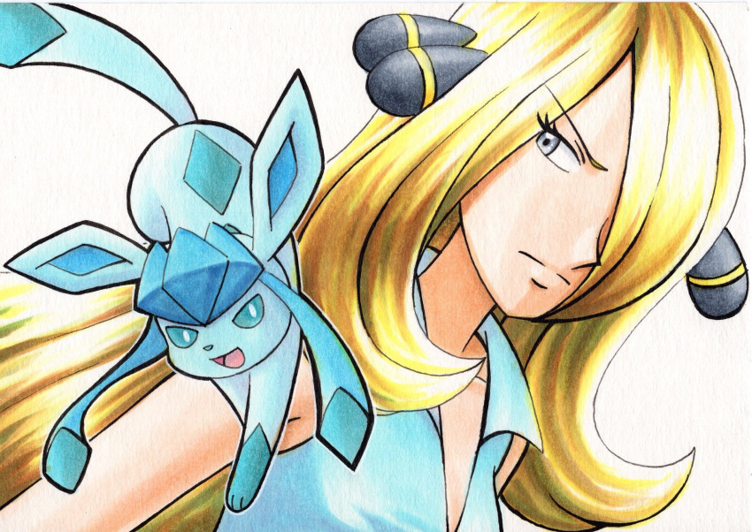 1girl blonde_hair blue_shirt closed_mouth collarbone collared_shirt commentary_request cynthia_(pokemon) eyelashes frown glaceon grey_eyes hair_ornament hair_over_one_eye highres long_hair looking_to_the_side oka_mochi pokemon pokemon_(anime) pokemon_(creature) pokemon_bw_(anime) shirt sleeveless sleeveless_shirt traditional_media white_background