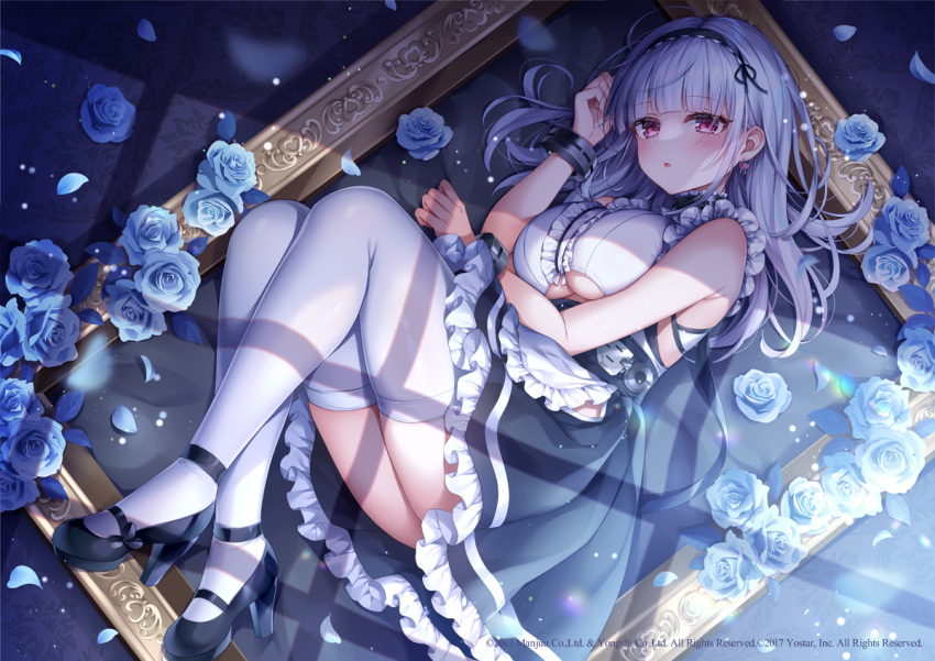 1girl apron armpit_crease ass azur_lane bare_arms bare_shoulders black_footwear black_skirt blue_flower breasts clothing_cutout dido_(azur_lane) flower frilled_shirt frills hairband high_heels hip_vent large_breasts long_hair looking_at_viewer lying maid maid_apron mary_janes miniskirt mitsuba_choco on_side parted_lips picture_frame pink_eyes pleated_skirt rose shirt shoes skirt sleeveless sleeveless_shirt solo thigh-highs under_boob underboob_cutout waist_apron white_hair white_legwear white_shirt