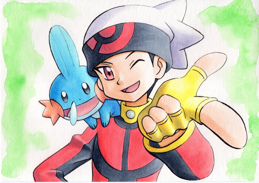 1boy ;d beanie black_hair commentary_request fingerless_gloves gloves green_background hand_up hat highres jacket long_sleeves male_focus mudkip oka_mochi on_shoulder one_eye_closed open_mouth pokemon pokemon_(creature) pokemon_adventures pokemon_on_shoulder red_jacket ruby_(pokemon) short_hair smile tongue traditional_media upper_body violet_eyes white_headwear yellow_gloves