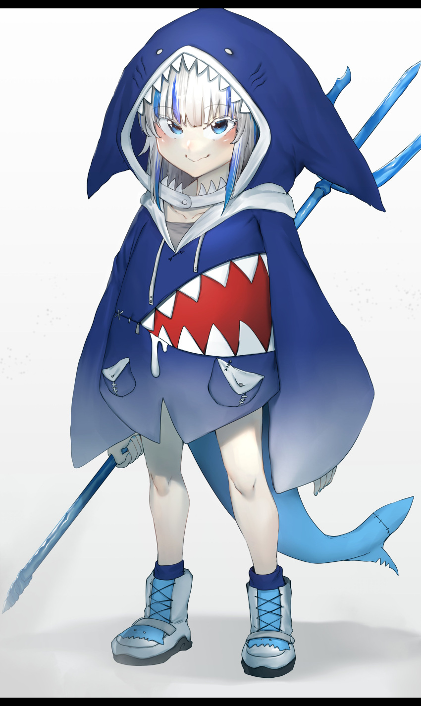 1girl absurdres animal_hood ankle_boots blue_eyes blue_footwear blue_legwear blue_nails blush boots closed_mouth fingernails fish_tail gawr_gura highres holding holding_weapon hololive hololive_english hood hood_up hoodie long_sleeves looking_at_viewer nail_polish niwarhythm polearm sanpaku shark_hood shark_tail simple_background smile solo tail trident weapon white_background