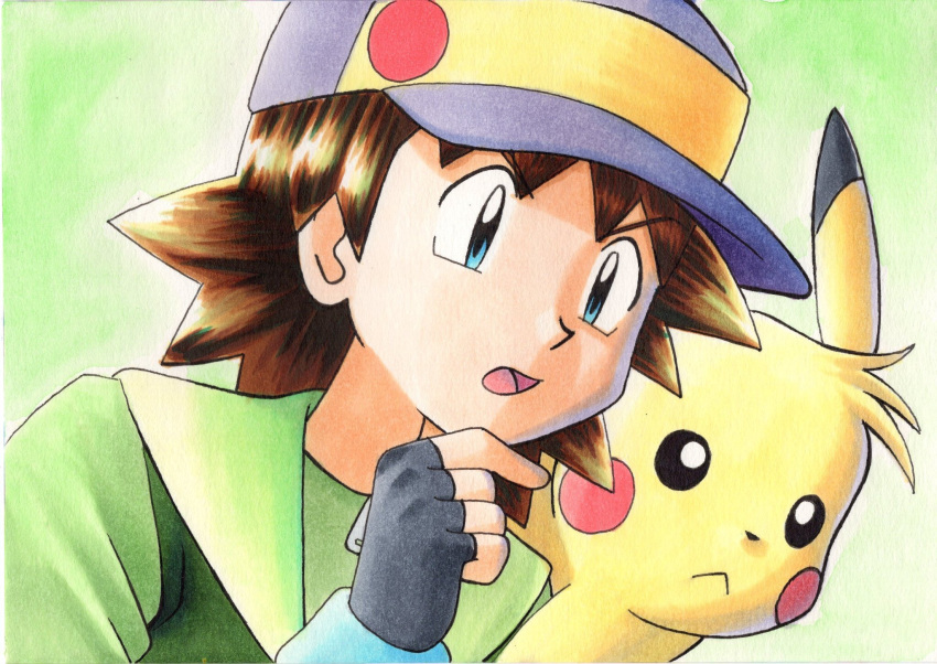 1boy bangs baseball_cap blue_eyes brown_hair commentary_request fingerless_gloves gloves green_background green_jacket grey_gloves hand_up hat highres jacket looking_down male_focus oka_mochi open_mouth pikachu pokemon pokemon_(anime) pokemon_(classic_anime) ritchie_(pokemon) sparky_(pokemon) spiky_hair tongue traditional_media