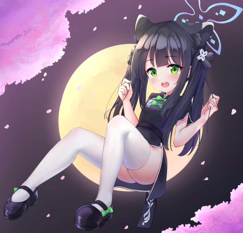 1girl animal_ear_fluff animal_ears arms_up ass bangs black_dress black_footwear black_hair blue_archive blunt_bangs cherry_blossoms china_dress chinese_clothes dress full_body full_moon green_eyes highres long_hair mary_janes moon open_mouth shoes short_sleeves shun_(blue_archive) side_slit smile solo thigh-highs thighs tiger_ears tisofofo twintails white_legwear