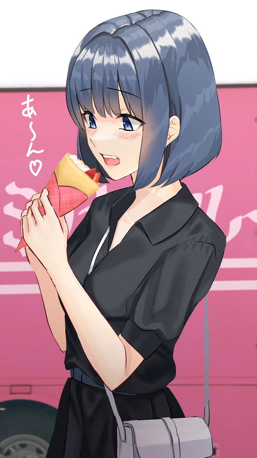 1girl absurdres bag bangs black_shirt black_skirt blue_eyes blue_hair buta5813 collared_shirt crepe dessert food ground_vehicle handbag heart highres huge_filesize medium_hair motor_vehicle open_mouth original shirt skirt solo tomisaki_(buta5813) truck upper_body