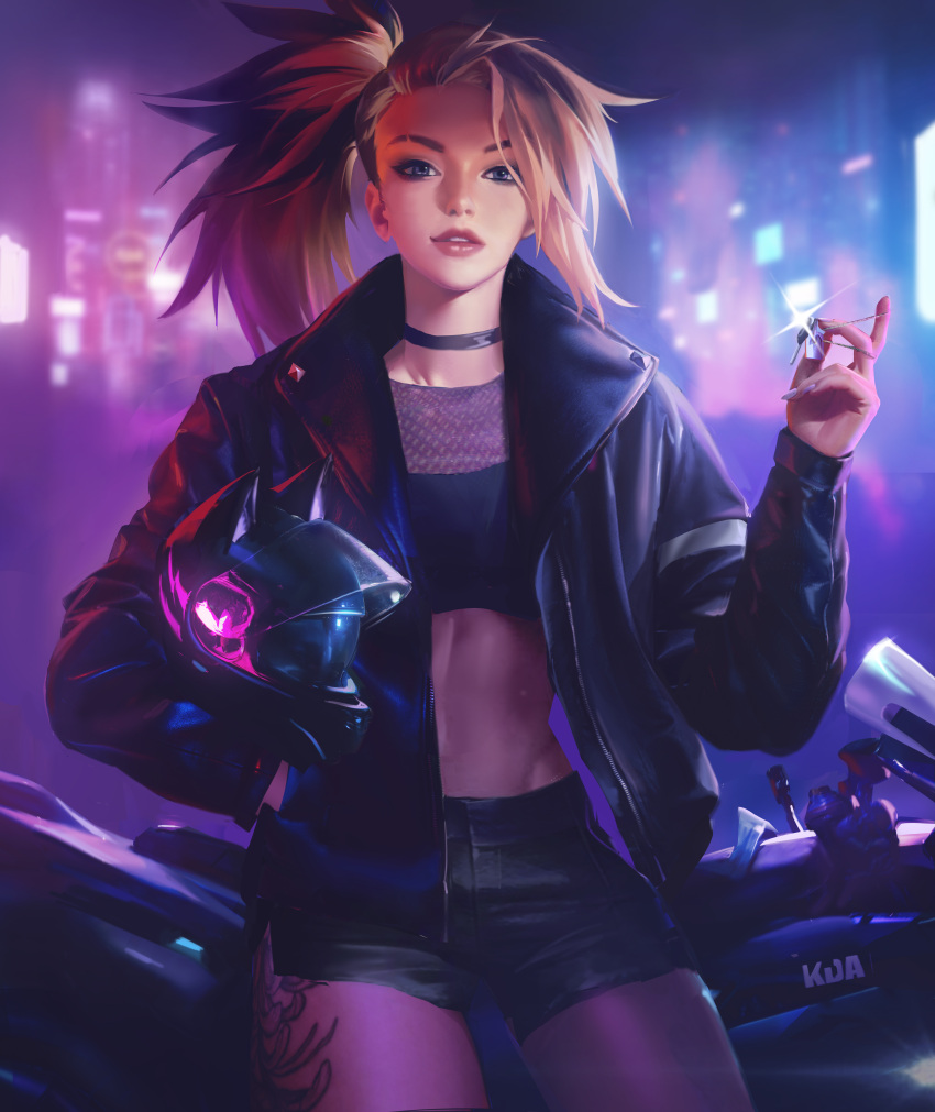 1girl absurdres akali blonde_hair blue_eyes butter_squid choker crop_top eyeshadow ground_vehicle headwear_removed helmet helmet_removed highres holding holding_key jacket k/da_(league_of_legends) key league_of_legends leg_tattoo lips looking_at_viewer makeup motor_vehicle motorcycle motorcycle_helmet multicolored_hair open_clothes open_jacket parted_lips scar_through_eyebrow shorts solo tattoo the_baddest_akali two-tone_hair