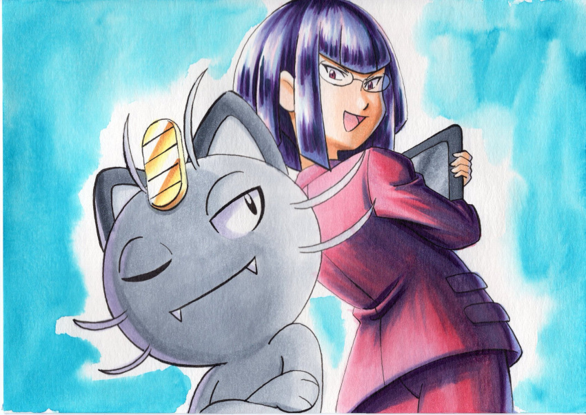 1girl :d alolan_form alolan_meowth bangs blue_background blunt_bangs commentary_request glasses highres holding jacket looking_back looking_down matori_(pokemon) oka_mochi open_mouth pants pokemon pokemon_(anime) pokemon_(creature) pokemon_sm_(anime) purple_hair purple_jacket purple_pants short_hair smile tablet_pc team_rocket tongue traditional_media violet_eyes