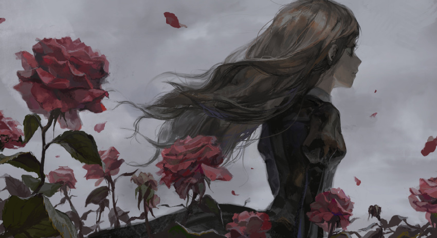 1girl black_dress brown_eyes brown_hair closed_mouth dated_commentary dress flower from_side grey_background grey_sky juliet_sleeves kotatiyu long_hair long_sleeves original outdoors profile puffy_sleeves red_flower red_rose rose solo