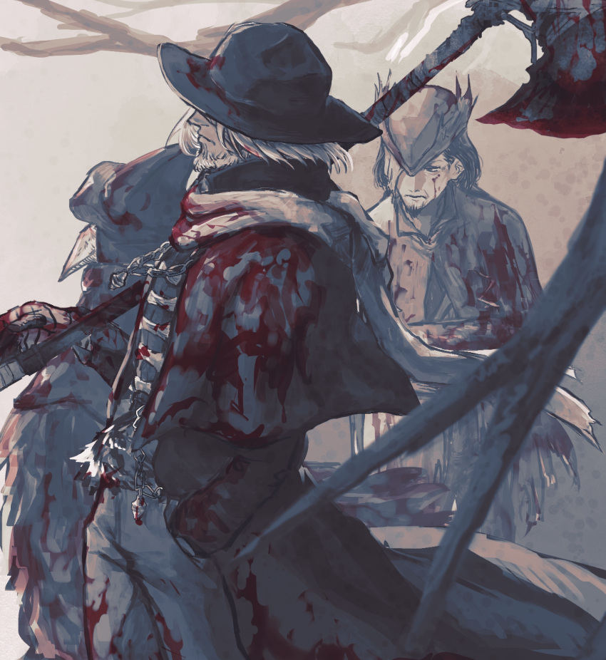 1girl 2boys axe bandaged_arm bandages beard blood blood_in_hair blood_on_bandages blood_on_clothes blood_on_hands blood_on_weapon bloodborne cape cloak closed_mouth coat commentary_request covered_eyes djura eileen_the_crow facial_hair father_gascoigne from_side hand_in_pocket hat highres holding holding_axe holding_weapon long_coat mask multiple_boys one_eye_covered sakuramochi920 scarf short_hair tricorne weapon white_hair