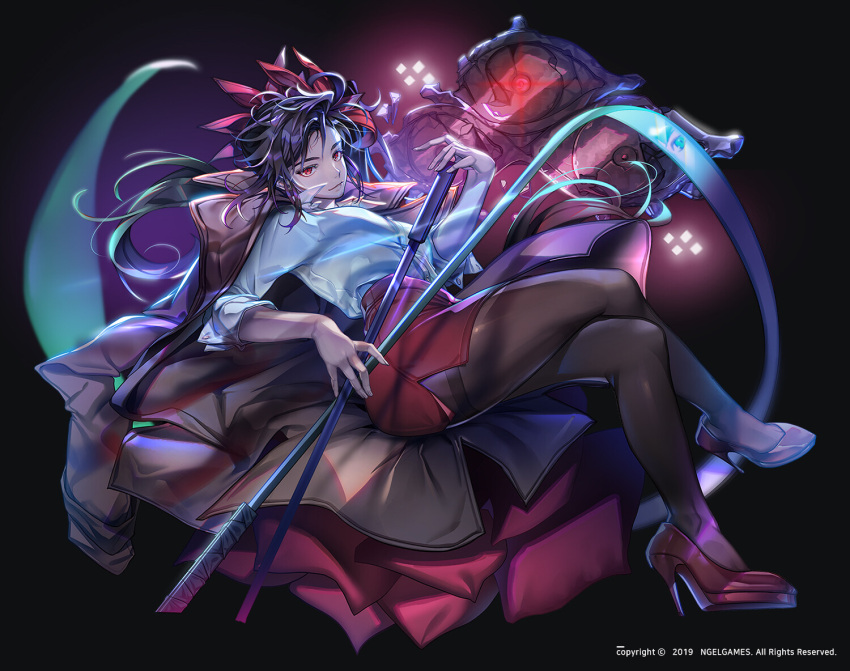 1girl bangs black_hair black_legwear brown_jacket closed_mouth ha_yuri_zahard hair_ornament hero_cantare high_heels holding holding_weapon jacket jacket_on_shoulders long_hair looking_at_viewer miniskirt official_art pillow red_eyes red_skirt shiny shiny_clothes shirt sitting skirt smile solo thick_thighs thighs tower_of_god weapon white_shirt yagaaaa