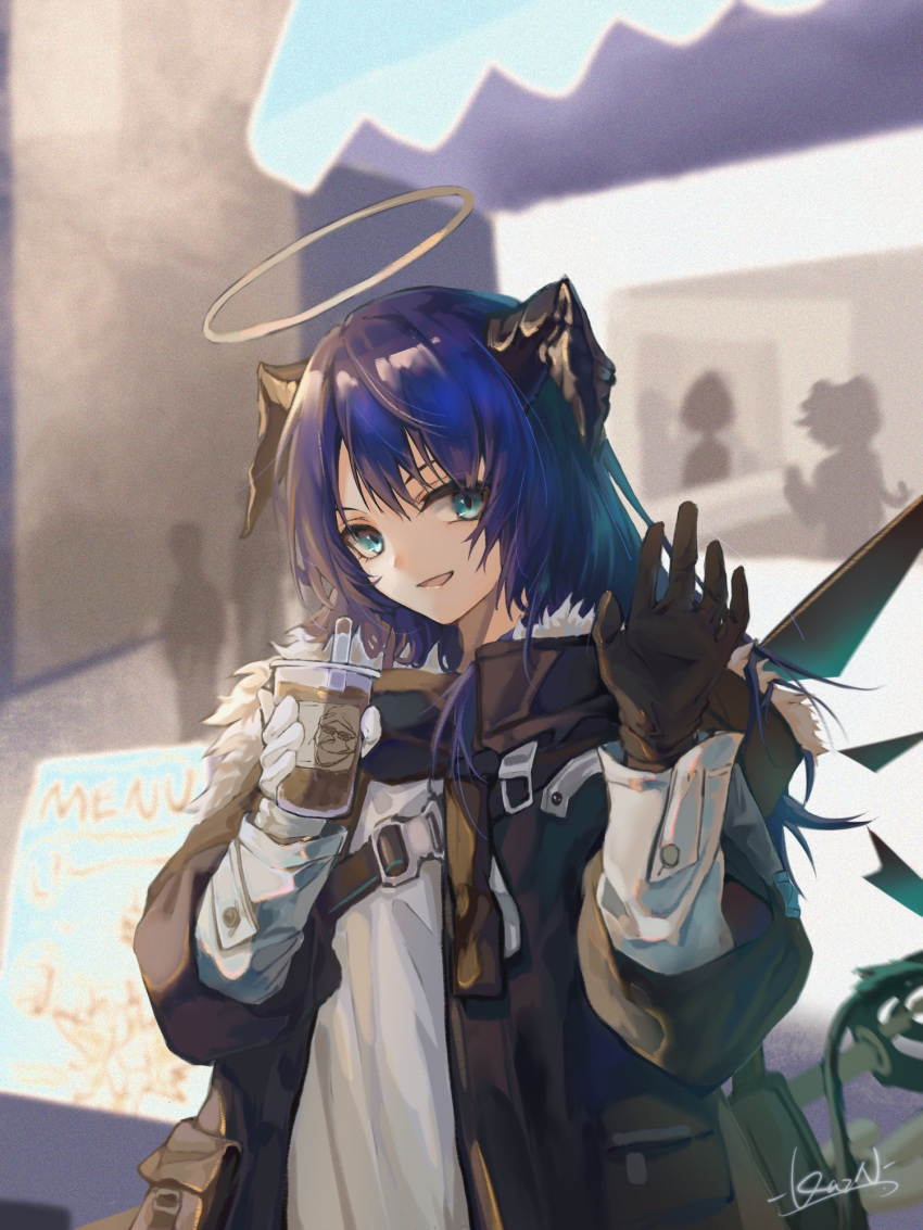 1girl arknights asymmetrical_gloves black_gloves black_jacket blue_eyes blue_hair cameo chinese_commentary commentary_request cup demon_horns detached_wings energy_wings fur-trimmed_hood fur_trim gloves halo highres holding holding_cup hood horns jacket kaxnight mismatched_gloves mostima_(arknights) open_clothes open_jacket open_mouth people shirt solo_focus the_emperor_(arknights) upper_body waving white_gloves white_shirt wings