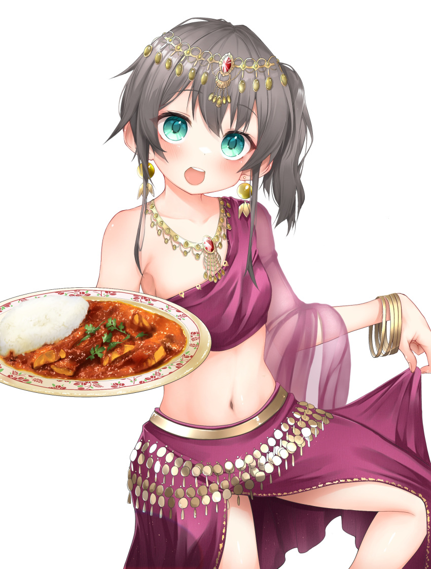 1girl :d absurdres bangs bracelet circlet commentary_request crop_top curry earrings eyebrows_visible_through_hair food green_eyes grey_hair highres holding holding_plate hololive jewelry looking_at_viewer natsuiro_matsuri navel necklace open_mouth pepushi_drow plate side_ponytail simple_background single_bare_shoulder single_sleeve skirt_hold smile solo standing standing_on_one_leg stomach virtual_youtuber white_background