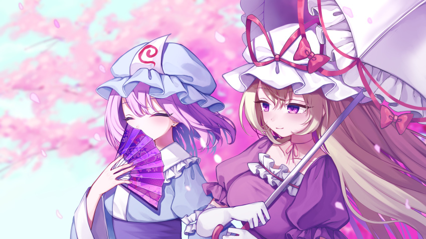 2girls absurdres arm_garter blonde_hair blue_kimono blush branch cherry_blossoms choker closed_eyes dress elbow_gloves eyebrows_visible_through_hair folding_fan gloves hair_between_eyes hand_fan hat hat_ribbon highres holding holding_fan holding_umbrella japanese_clothes kimono long_hair long_sleeves mob_cap multiple_girls pink_hair puffy_short_sleeves puffy_sleeves purple_dress ribbon ribbon_choker rnkgmn saigyouji_yuyuko short_sleeves touhou tree triangular_headpiece umbrella violet_eyes white_gloves wide_sleeves yakumo_yukari